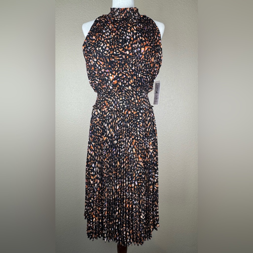 Nanette Lepore Black & Orange Pleated, Sleeveless Dress w/ruching. NWT. Size- 10